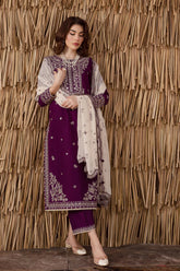 BrandsInn-3PC DHANAK EMBROIDERED SHIRT WITH DHANAK EMBROIDERED SHAWL AND TROUSER-BI-4338